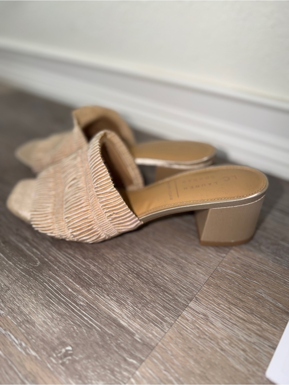 LC Lauren Conrad Beige Ruched Block Heel Mules